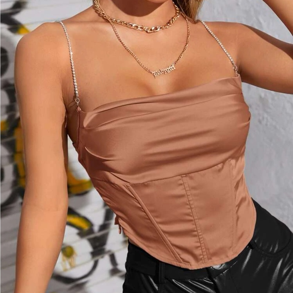 Shein Champaign gold blouse corset style with rhinestone straps. New